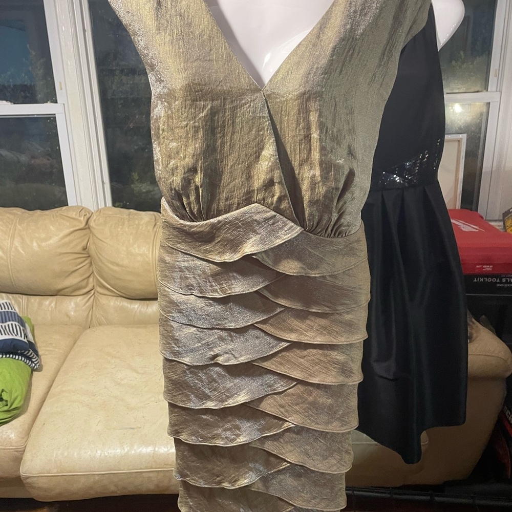 London Times Gold Layered Midi Dress